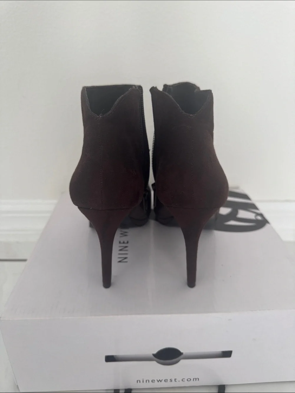 Nine West Dark Brown Peep-Toe Leather & Suede Ankle Boot heels - Picture 3 of 4